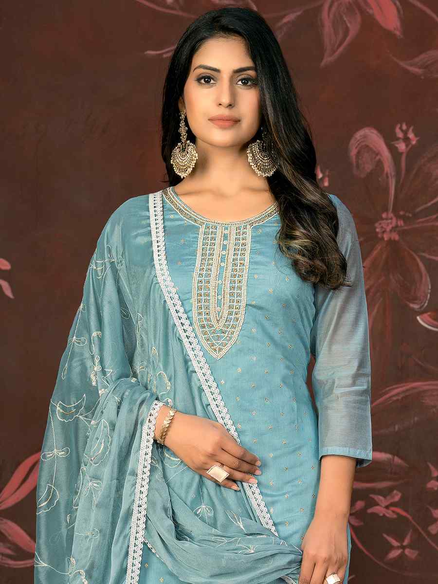 Teal Blue Modal Cotton Embroidered Casual Festival Pant Salwar Kameez