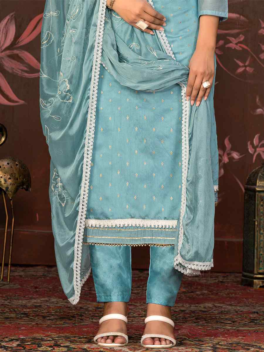 Teal Blue Modal Cotton Embroidered Casual Festival Pant Salwar Kameez