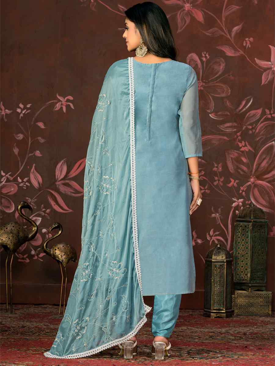 Teal Blue Modal Cotton Embroidered Casual Festival Pant Salwar Kameez