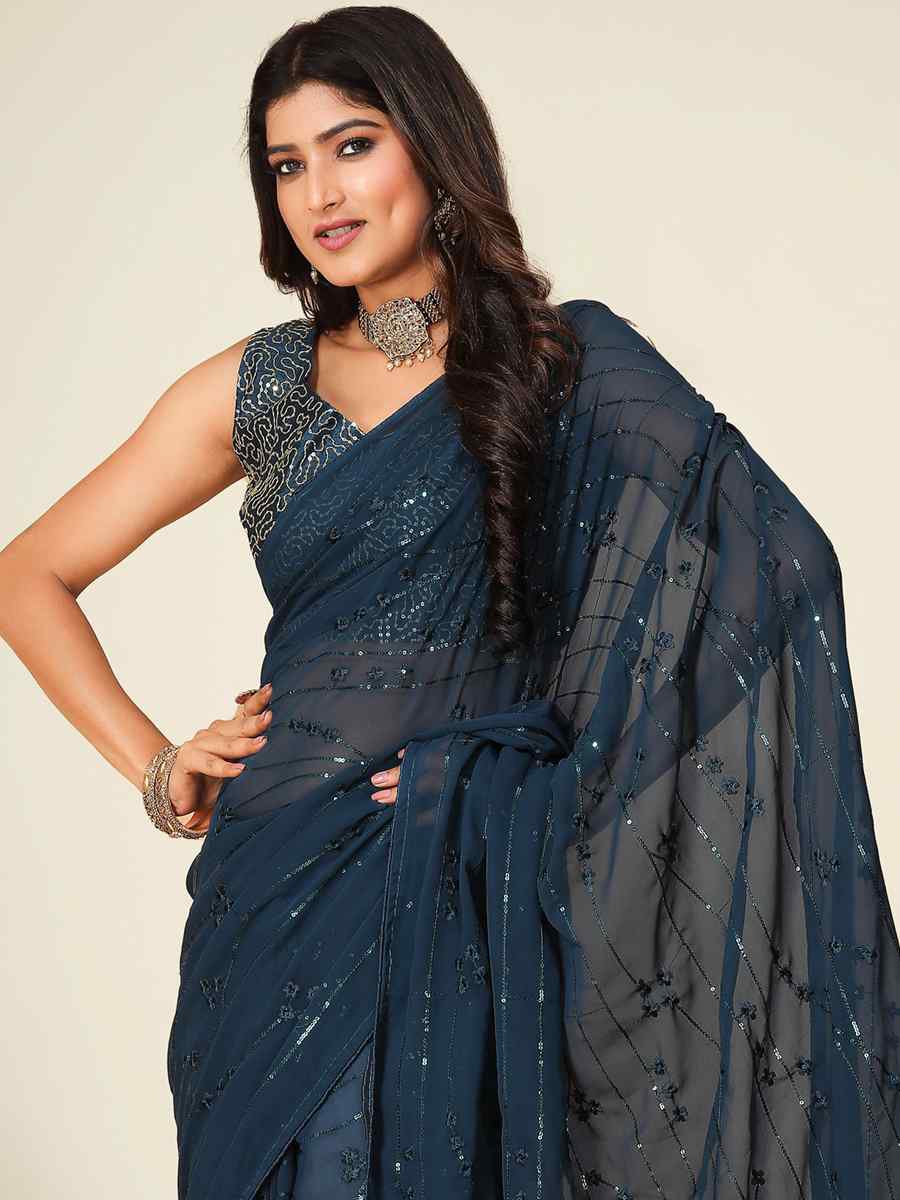 Teal Blue Mono Banglory Silk Embroidered Reception Party Classic Style Saree
