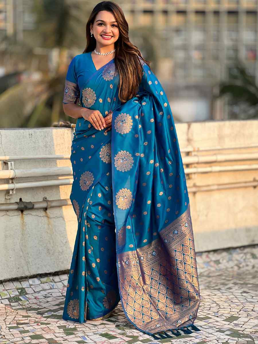 Teal Blue Moonga Silk Handwoven Festival Wedding Heavy Border Saree