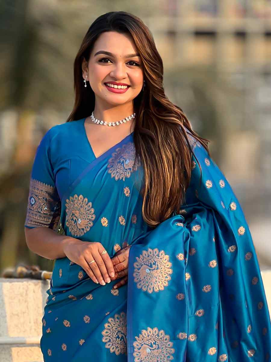 Teal Blue Moonga Silk Handwoven Festival Wedding Heavy Border Saree