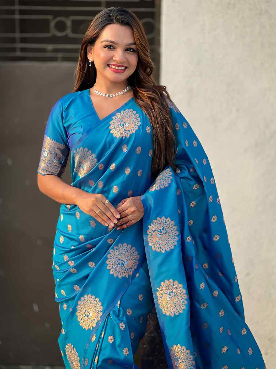 Teal Blue Moonga Silk Handwoven Festival Wedding Heavy Border Saree