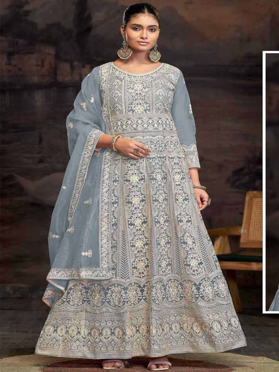 Teal Blue Net Embroidered Festival Wedding Anarkali Salwar Kameez