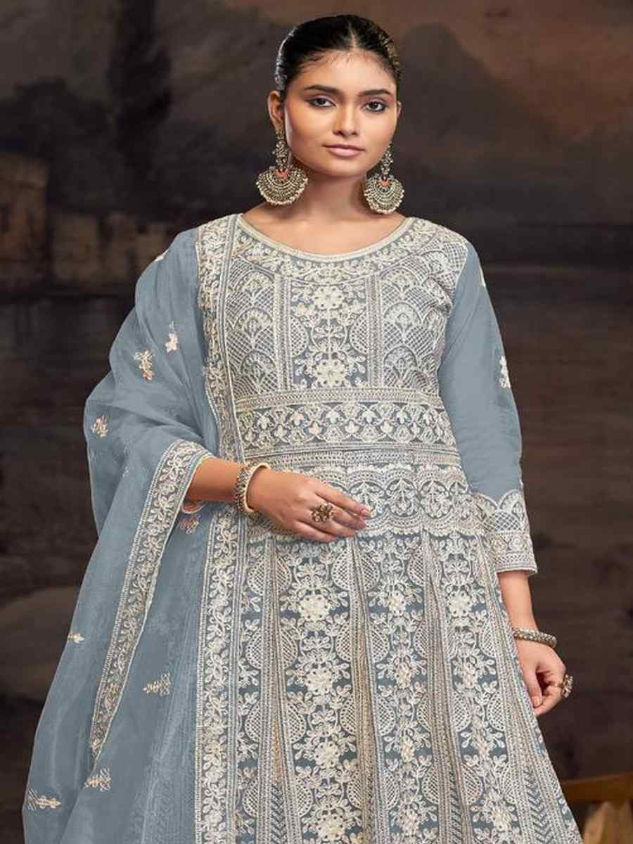 Teal Blue Net Embroidered Festival Wedding Anarkali Salwar Kameez