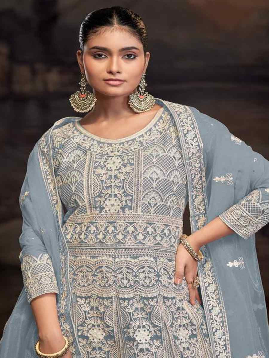 Teal Blue Net Embroidered Festival Wedding Anarkali Salwar Kameez