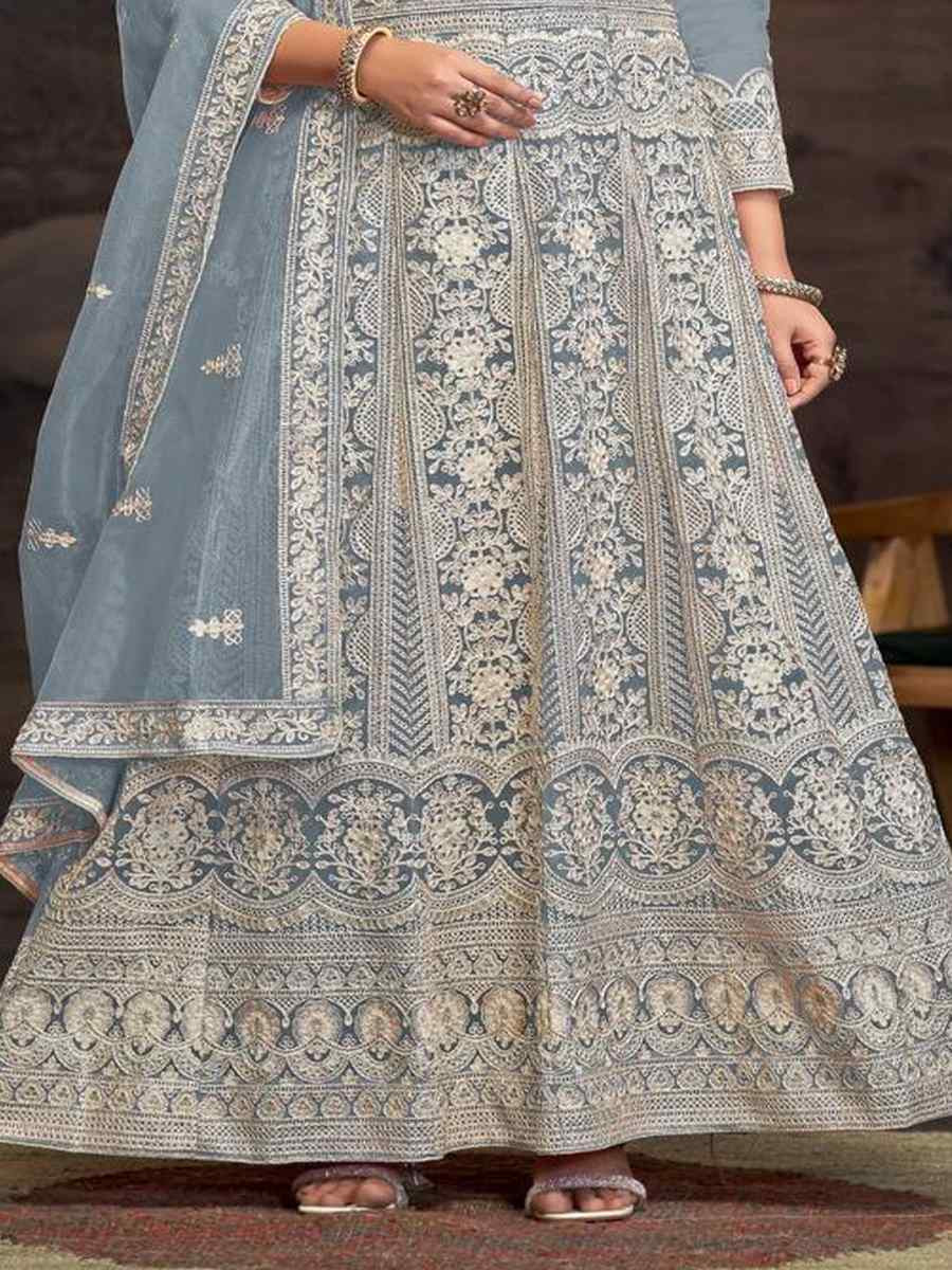 Teal Blue Net Embroidered Festival Wedding Anarkali Salwar Kameez