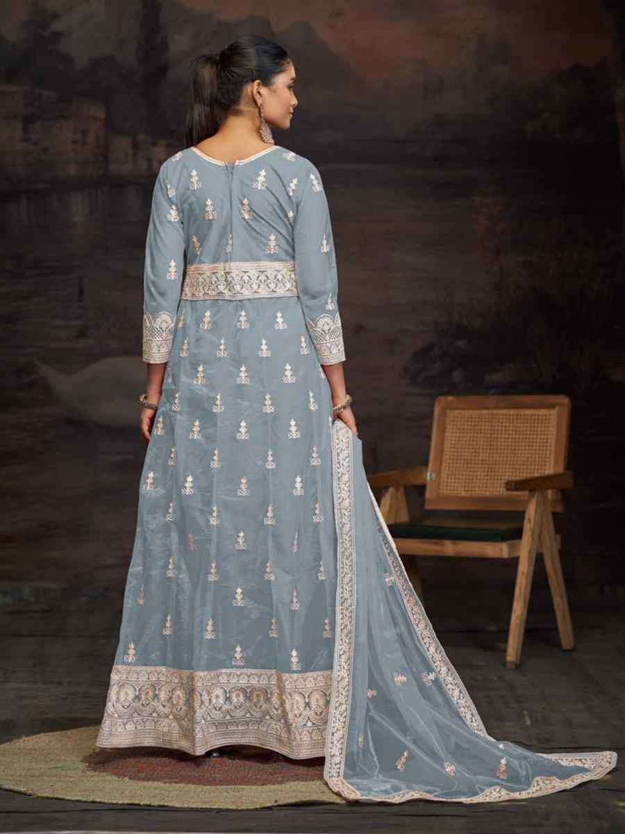 Teal Blue Net Embroidered Festival Wedding Anarkali Salwar Kameez