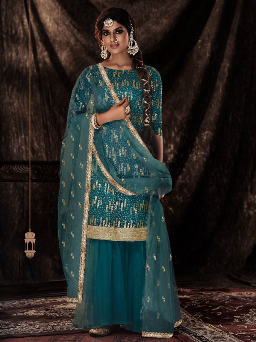 Teal Blue Net Embroidered Party Palazzo Pant Kameez
