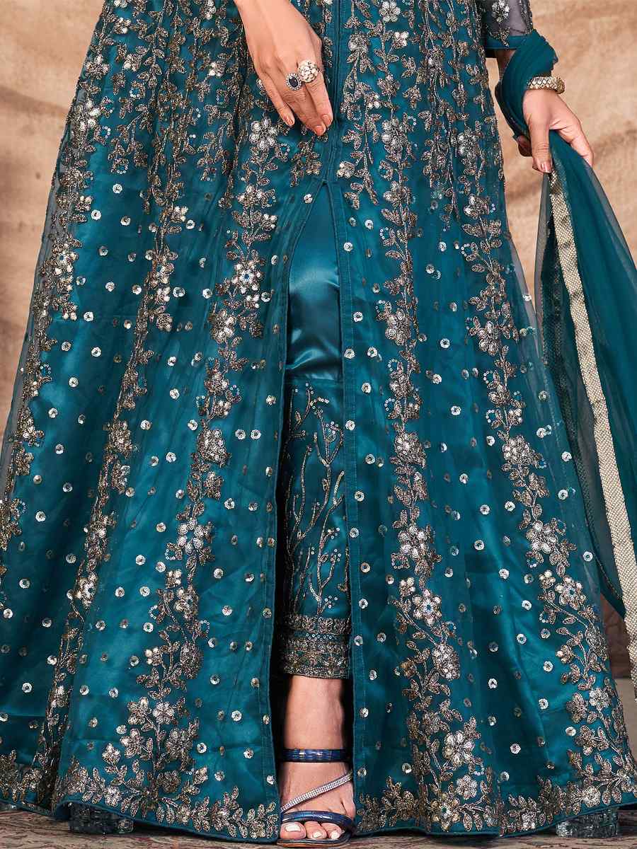 Teal Blue Net Embroidered Party Wedding Lawn Salwar Kameez