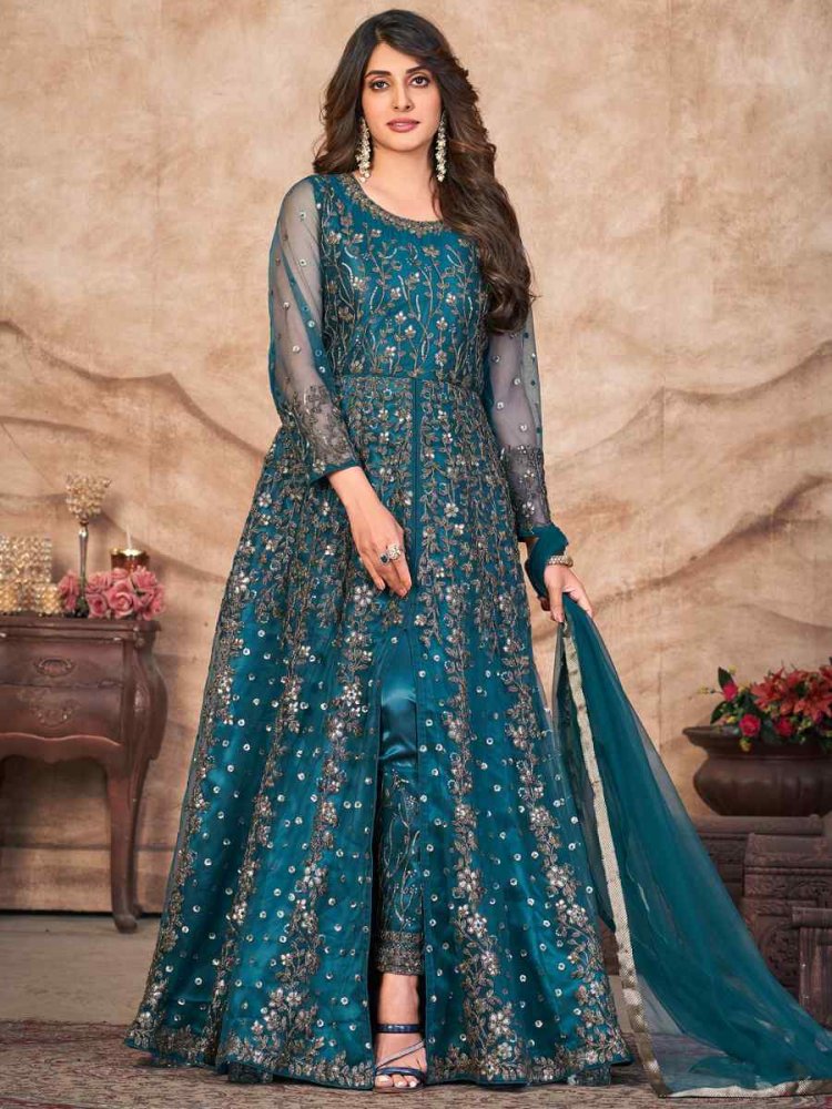 Teal Blue Net Embroidered Party Wedding Lawn Salwar Kameez