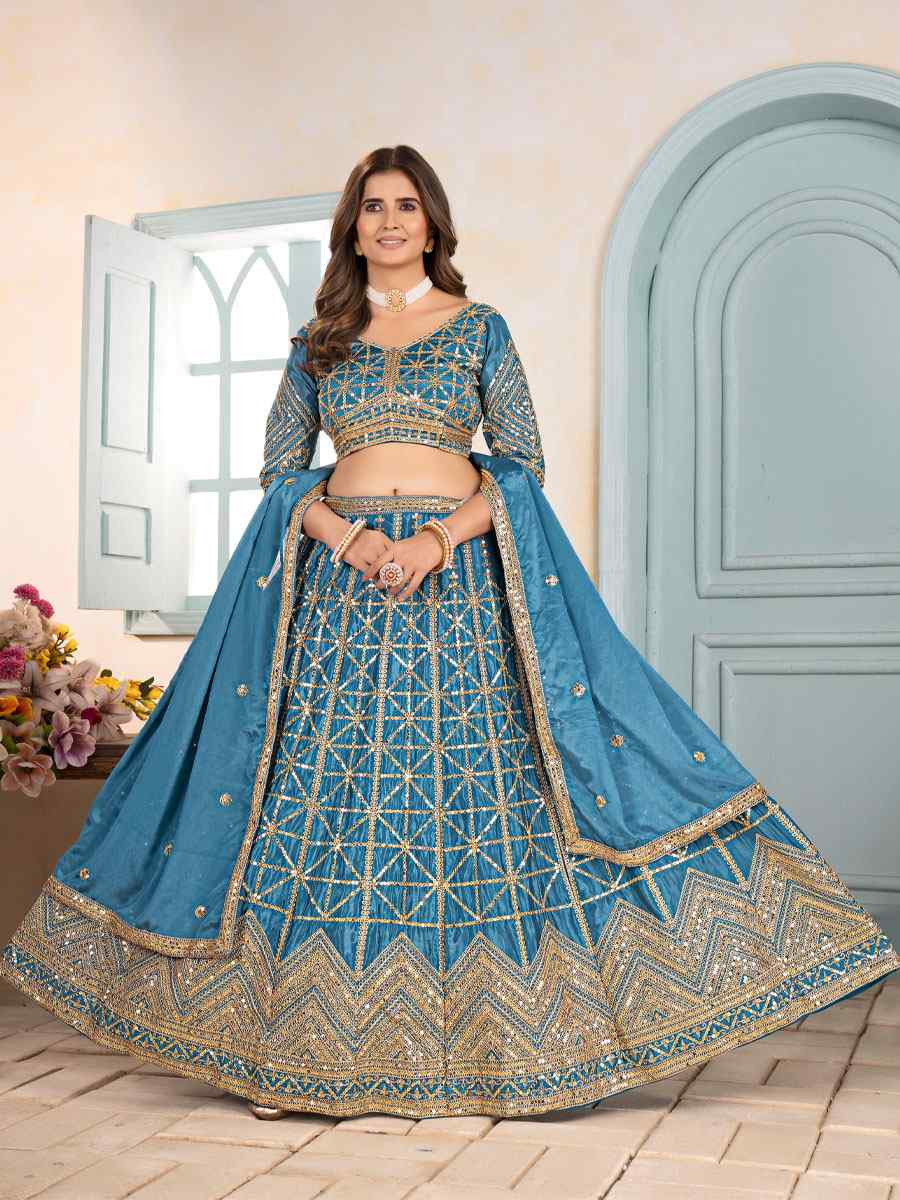 Teal Blue Net Embroidered Wedding Reception Festival Heavy Border Lehenga Choli