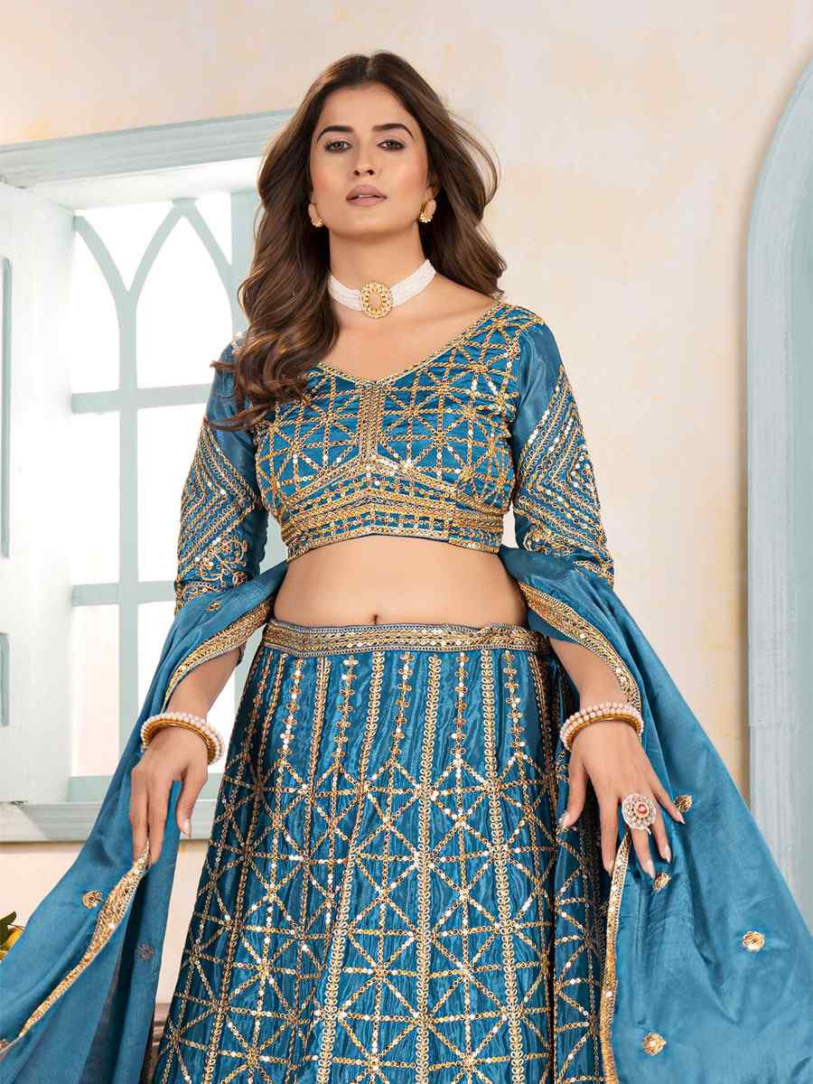 Teal Blue Net Embroidered Wedding Reception Festival Heavy Border Lehenga Choli