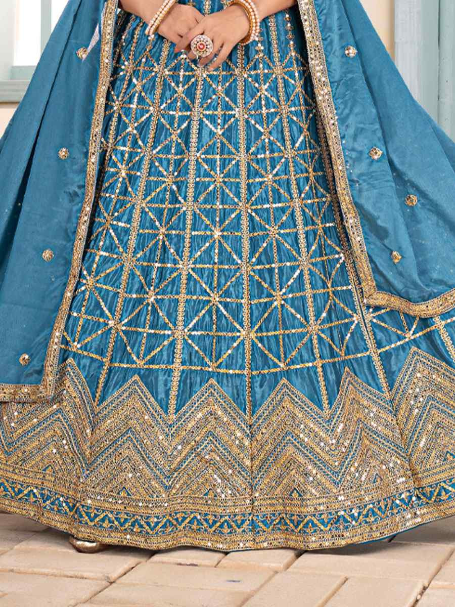 Teal Blue Net Embroidered Wedding Reception Festival Heavy Border Lehenga Choli