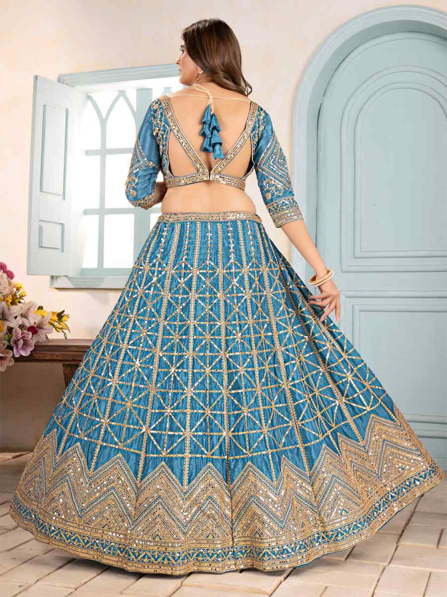 Teal Blue Net Embroidered Wedding Reception Festival Heavy Border Lehenga Choli