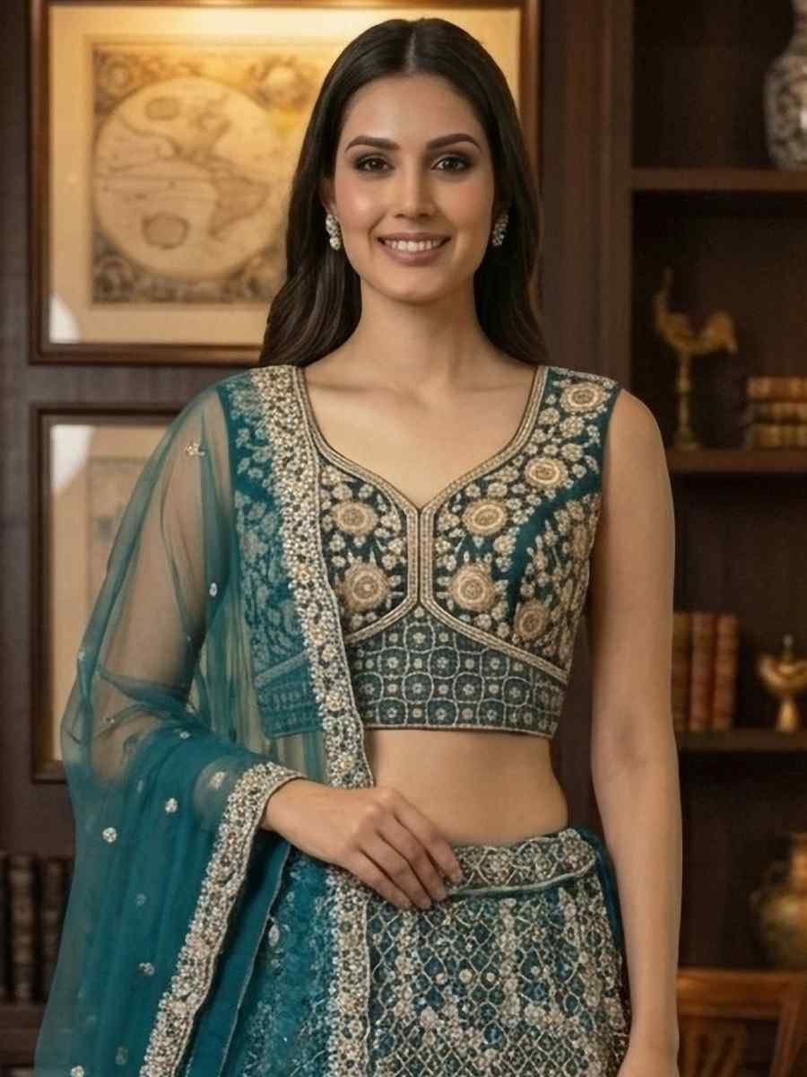 Teal Blue Net Embroidery Wedding Reception Festival Heavy Border Lehenga Choli