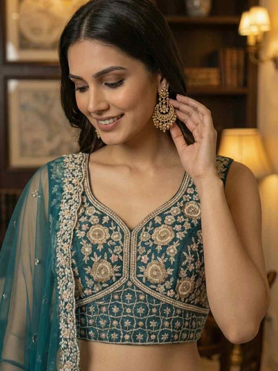 Teal Blue Net Embroidery Wedding Reception Festival Heavy Border Lehenga Choli