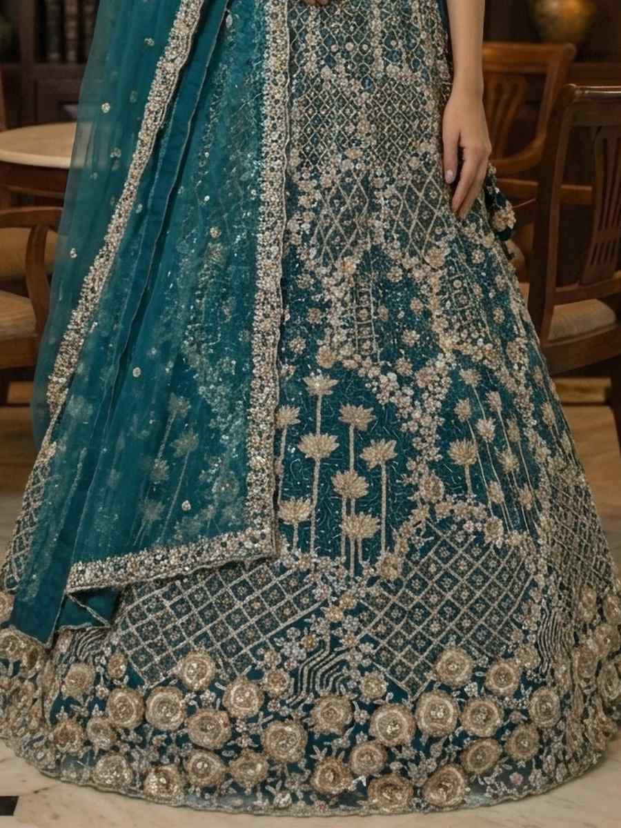 Teal Blue Net Embroidery Wedding Reception Festival Heavy Border Lehenga Choli