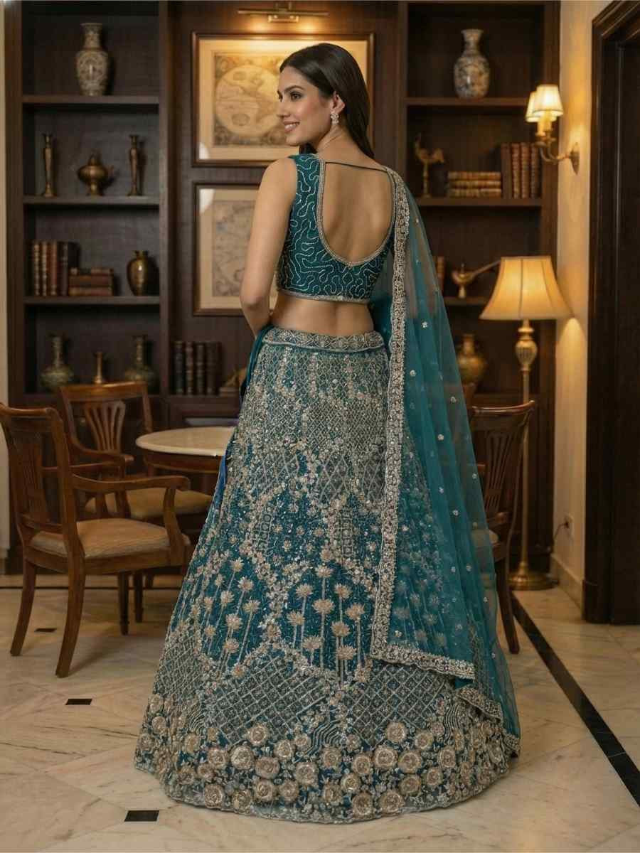 Teal Blue Net Embroidery Wedding Reception Festival Heavy Border Lehenga Choli