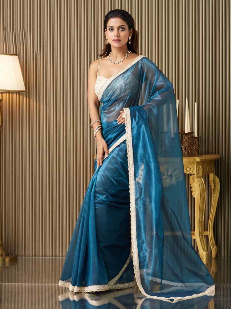 Teal Blue Organza Embroidered Festival Wedding Fancy Heavy Border Saree