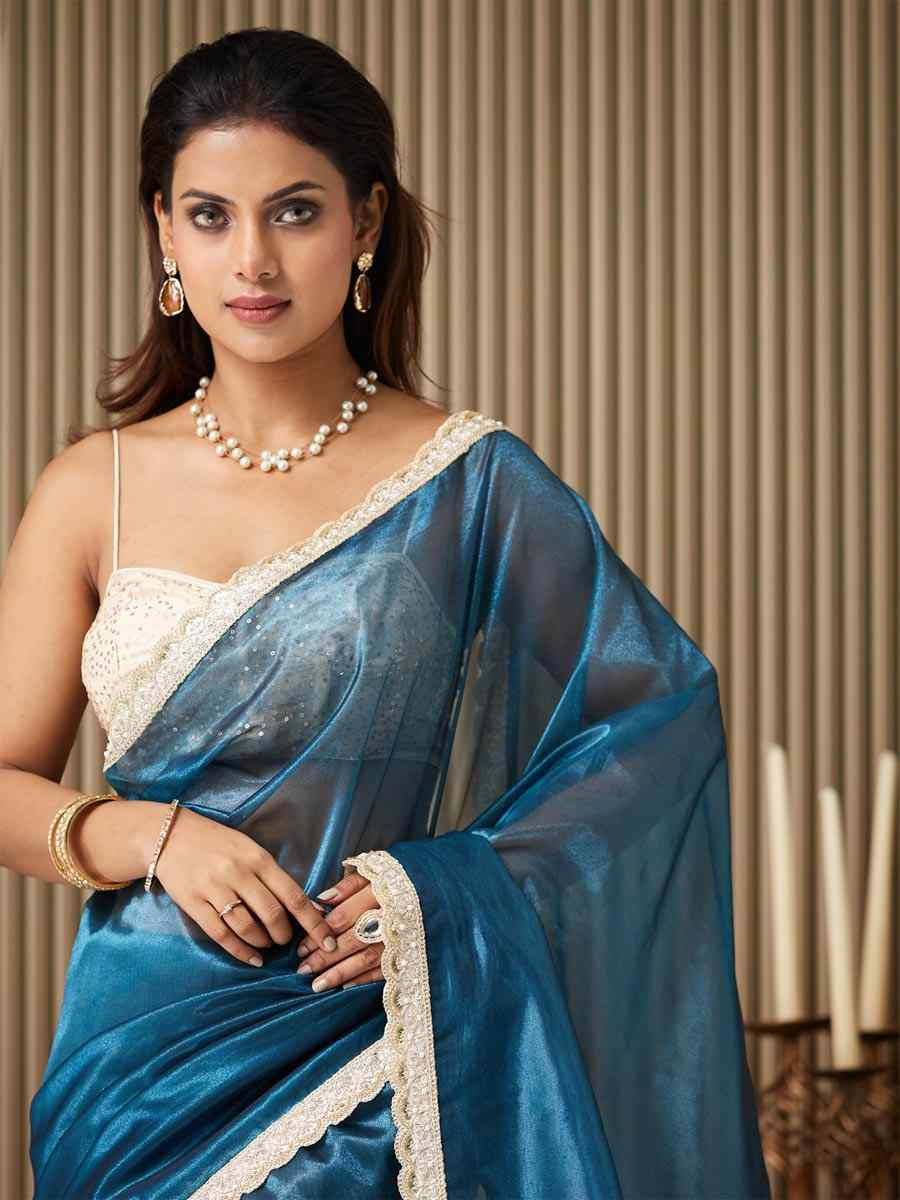 Teal Blue Organza Embroidered Festival Wedding Fancy Heavy Border Saree