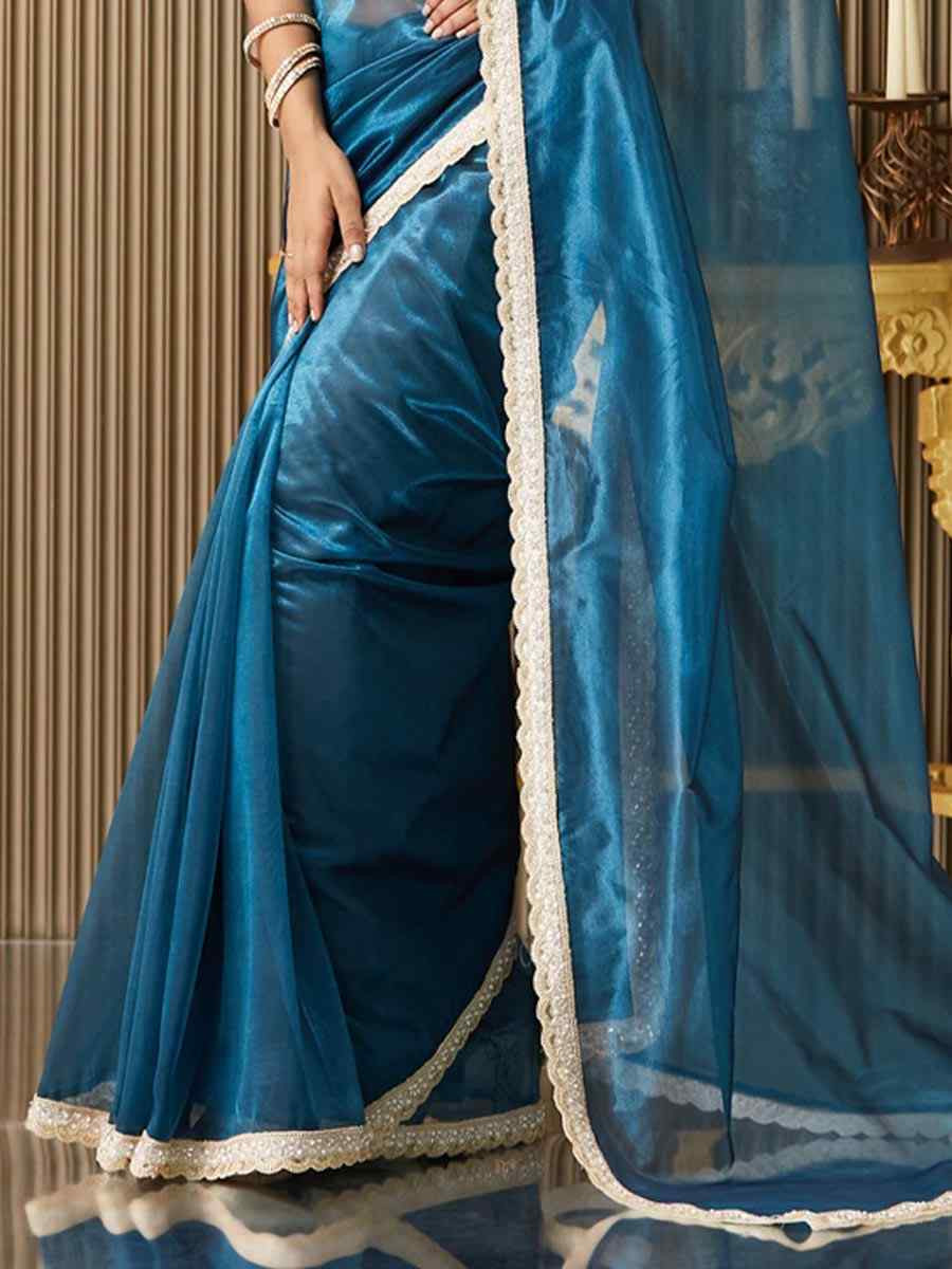 Teal Blue Organza Embroidered Festival Wedding Fancy Heavy Border Saree