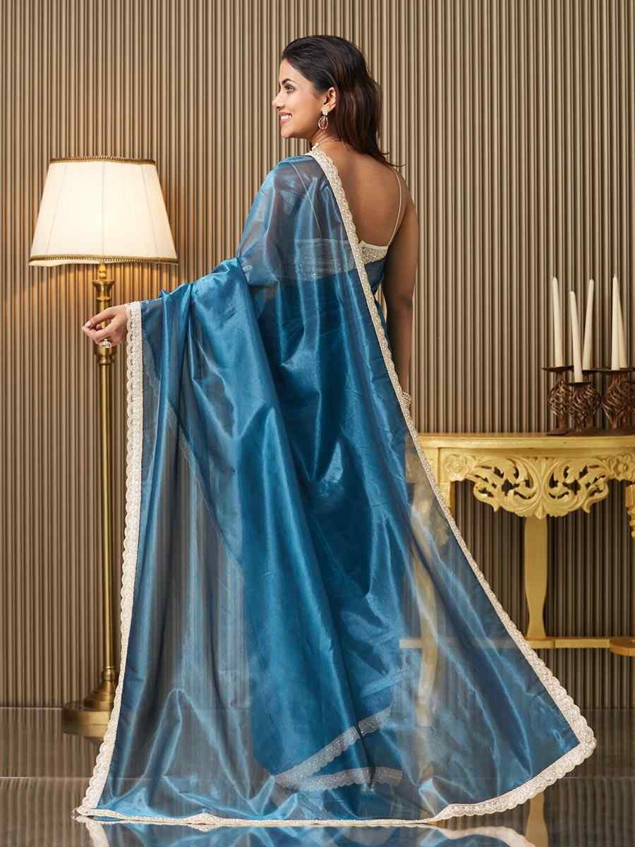 Teal Blue Organza Embroidered Festival Wedding Fancy Heavy Border Saree
