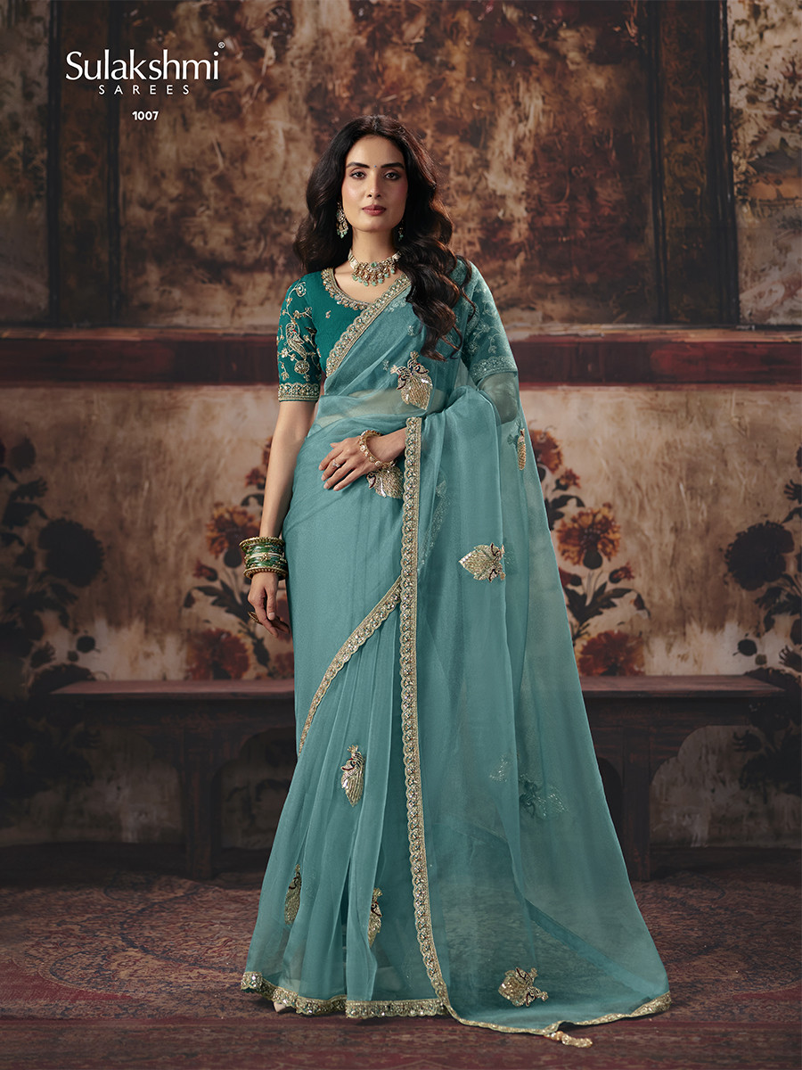 Teal Blue Organza Embroidery Sequins Zari Wedding Reception Party Festival Casual Heavy Border Sarees