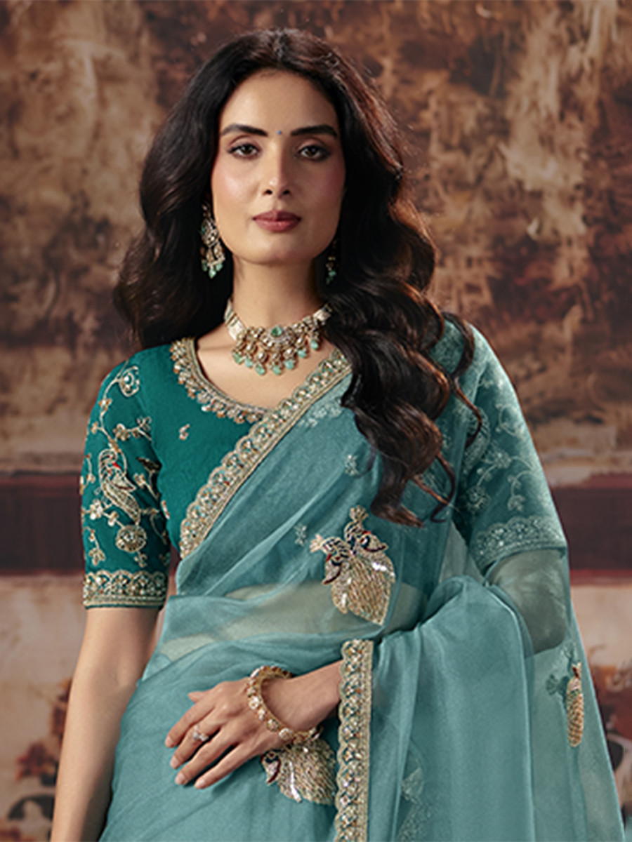 Teal Blue Organza Embroidery Sequins Zari Wedding Reception Party Festival Casual Heavy Border Sarees