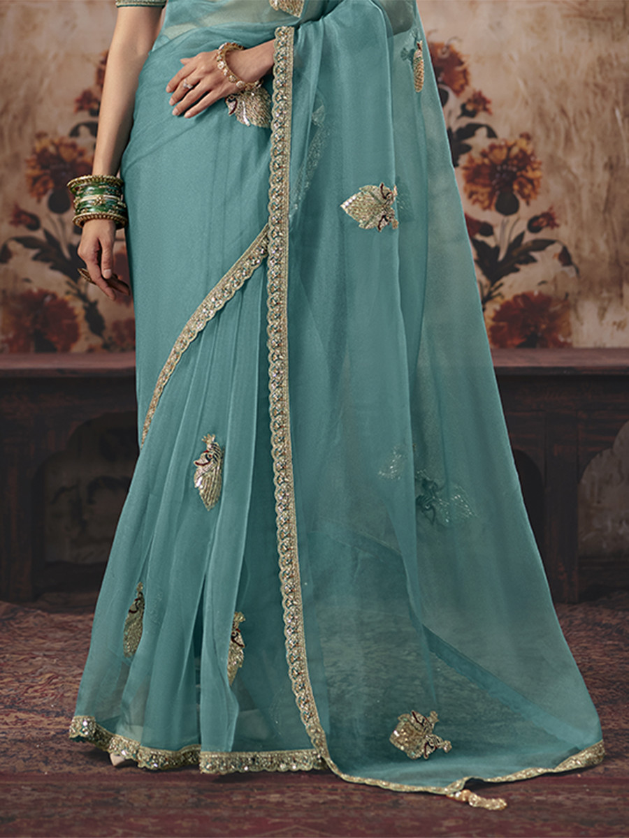 Teal Blue Organza Embroidery Sequins Zari Wedding Reception Party Festival Casual Heavy Border Sarees