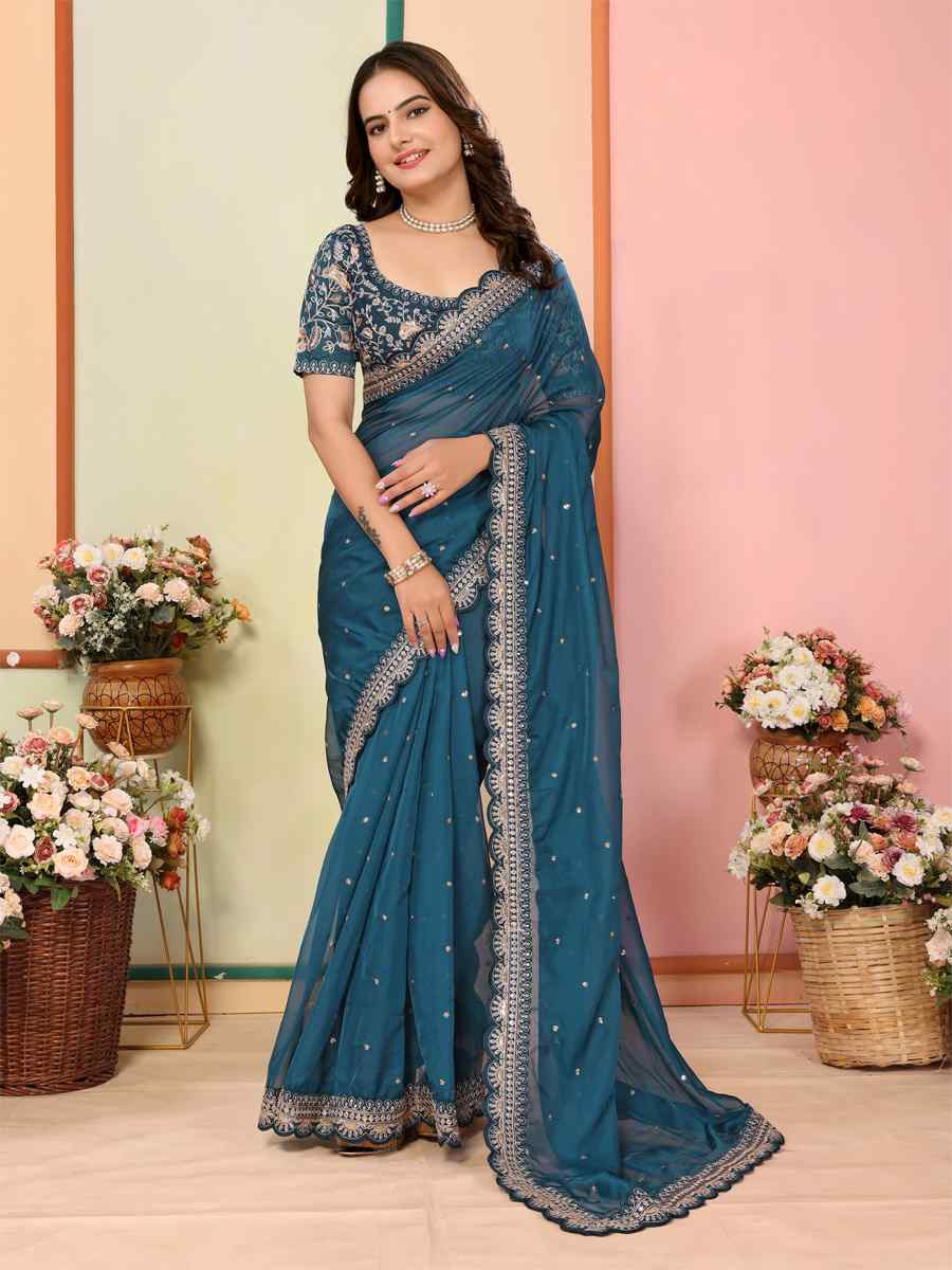Teal Blue Organza Embroidery Traditional Festival Reception Festival Wedding Fancy Heavy Border Saree