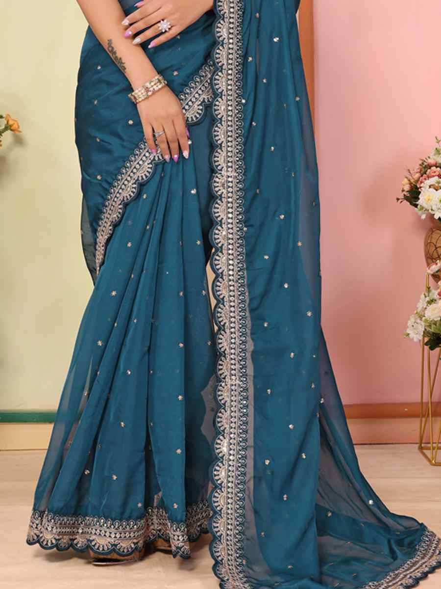 Teal Blue Organza Embroidery Traditional Festival Reception Festival Wedding Fancy Heavy Border Saree