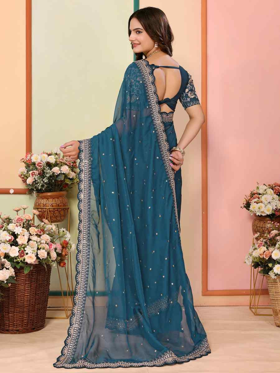 Teal Blue Organza Embroidery Traditional Festival Reception Festival Wedding Fancy Heavy Border Saree