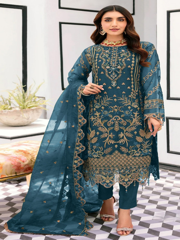 Image of Teal Blue Organza Embroidery Zari Sequins Wedding Party Festival Casual Engagement Pant Salwar Kameez
