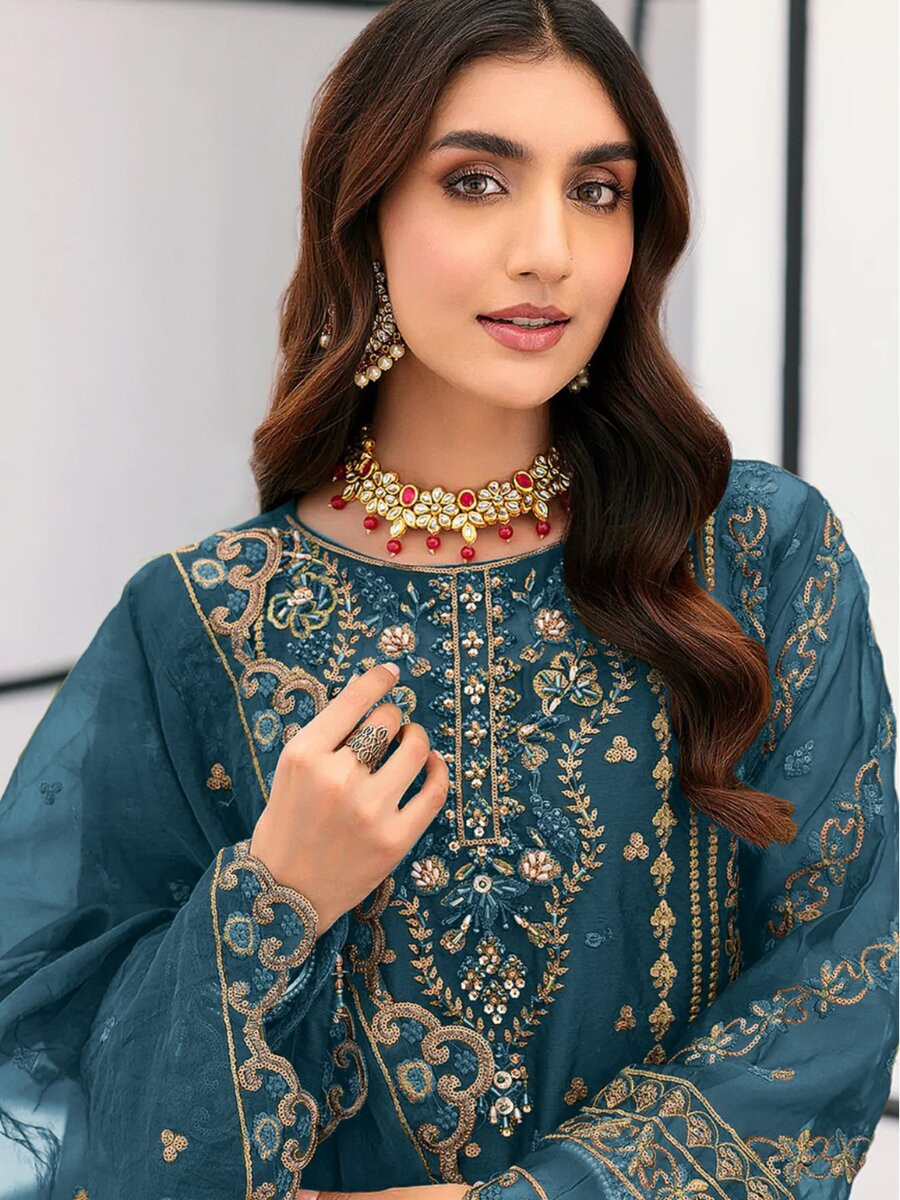 Teal Blue Organza Embroidery Zari Sequins Wedding Party Festival Casual Engagement Pant Salwar Kameez