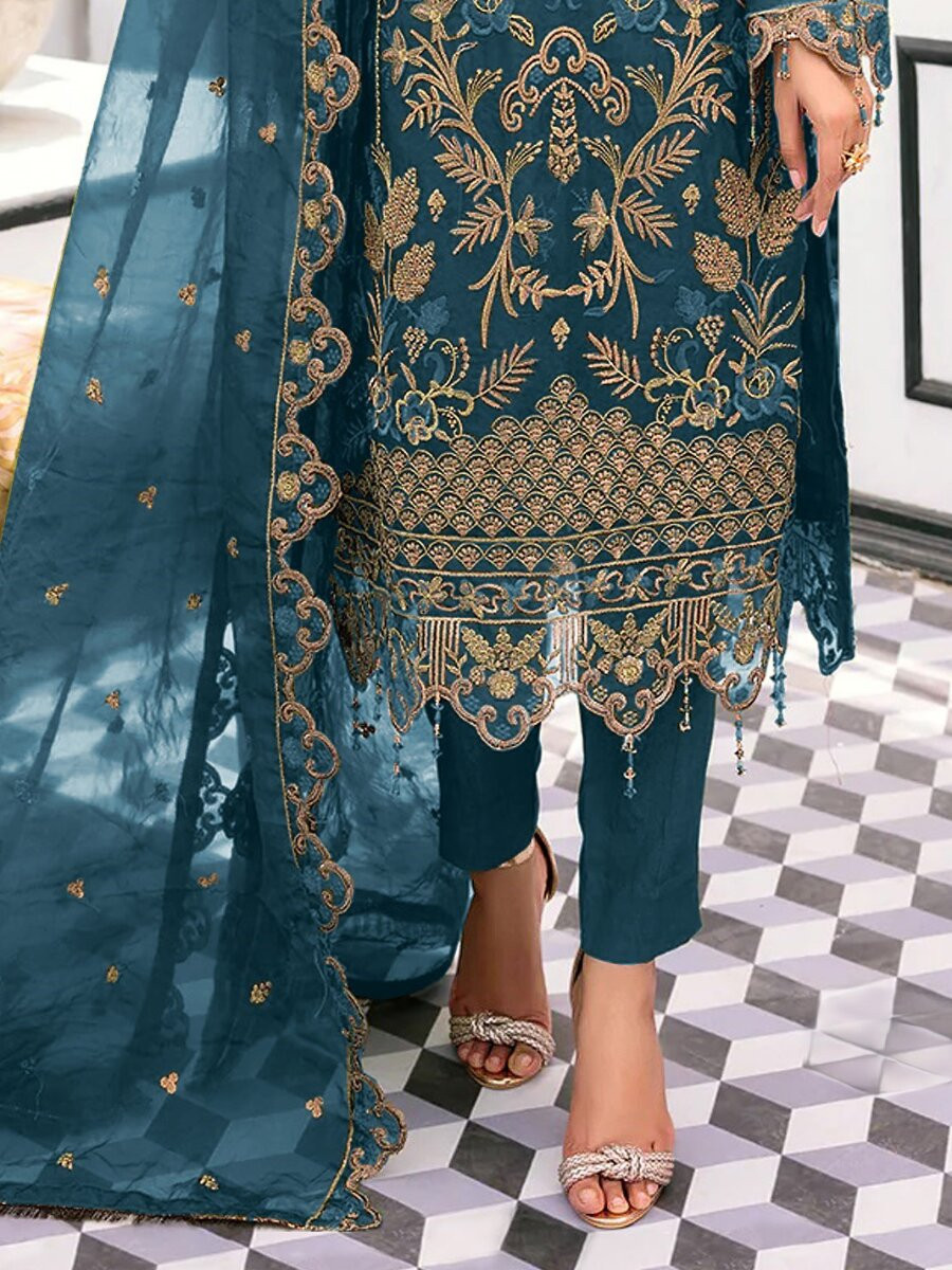 Teal Blue Organza Embroidery Zari Sequins Wedding Party Festival Casual Engagement Pant Salwar Kameez