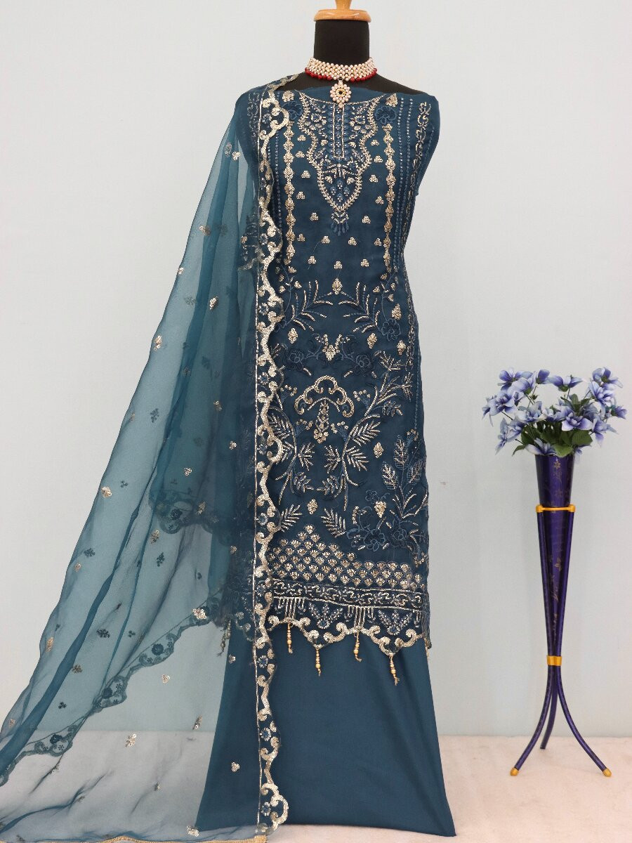 Teal Blue Organza Embroidery Zari Sequins Wedding Party Festival Casual Engagement Pant Salwar Kameez