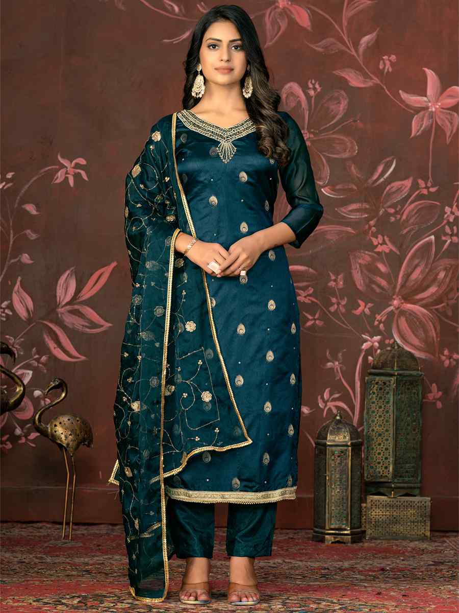 Teal Blue Organza Jacquard Embroidered Casual Festival Pant Salwar Kameez
