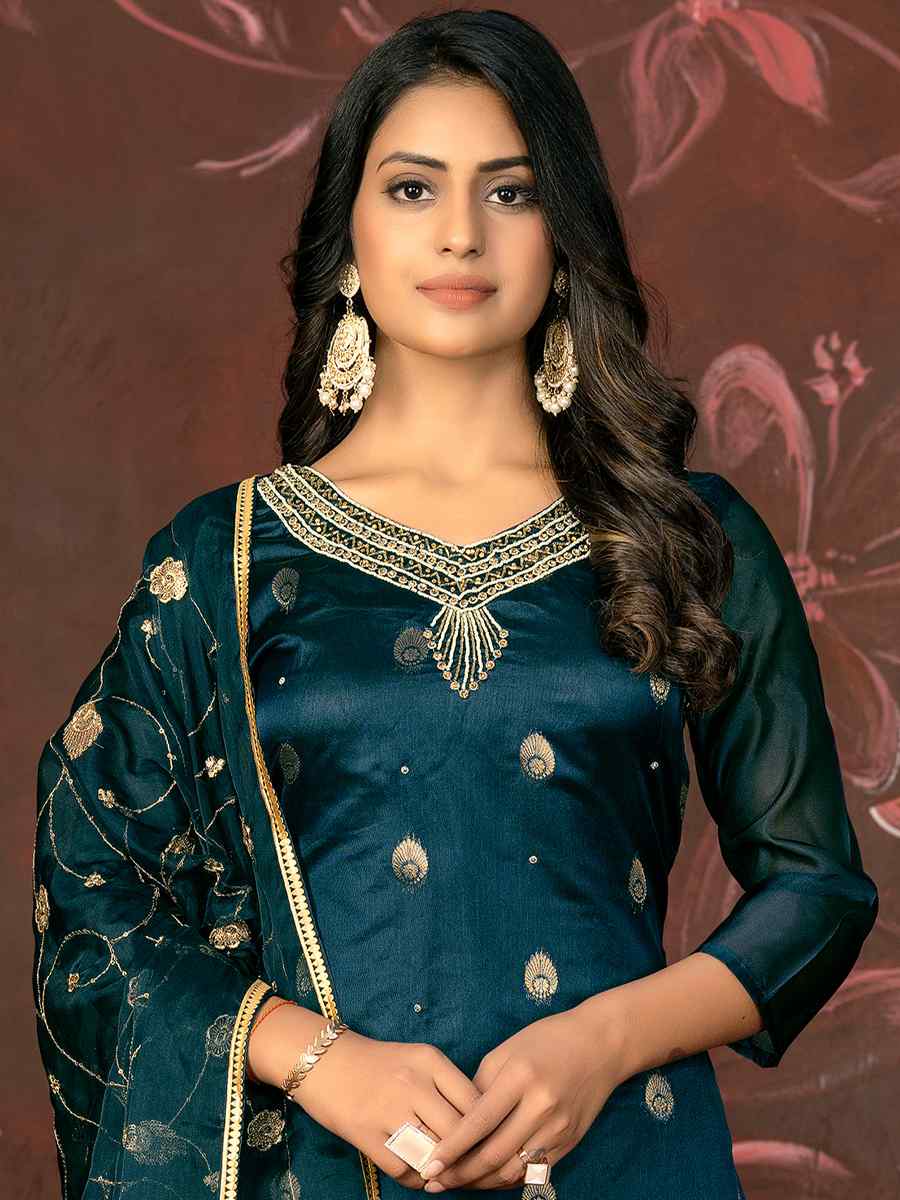 Teal Blue Organza Jacquard Embroidered Casual Festival Pant Salwar Kameez
