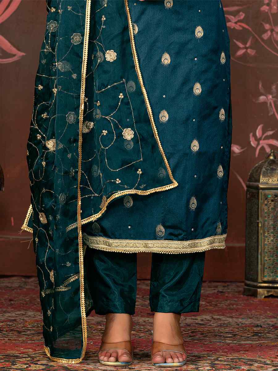 Teal Blue Organza Jacquard Embroidered Casual Festival Pant Salwar Kameez