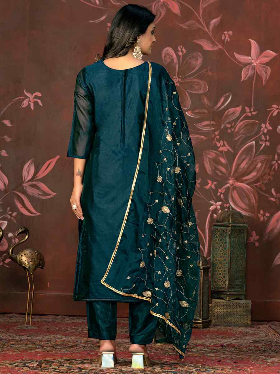 Teal Blue Organza Jacquard Embroidered Casual Festival Pant Salwar Kameez