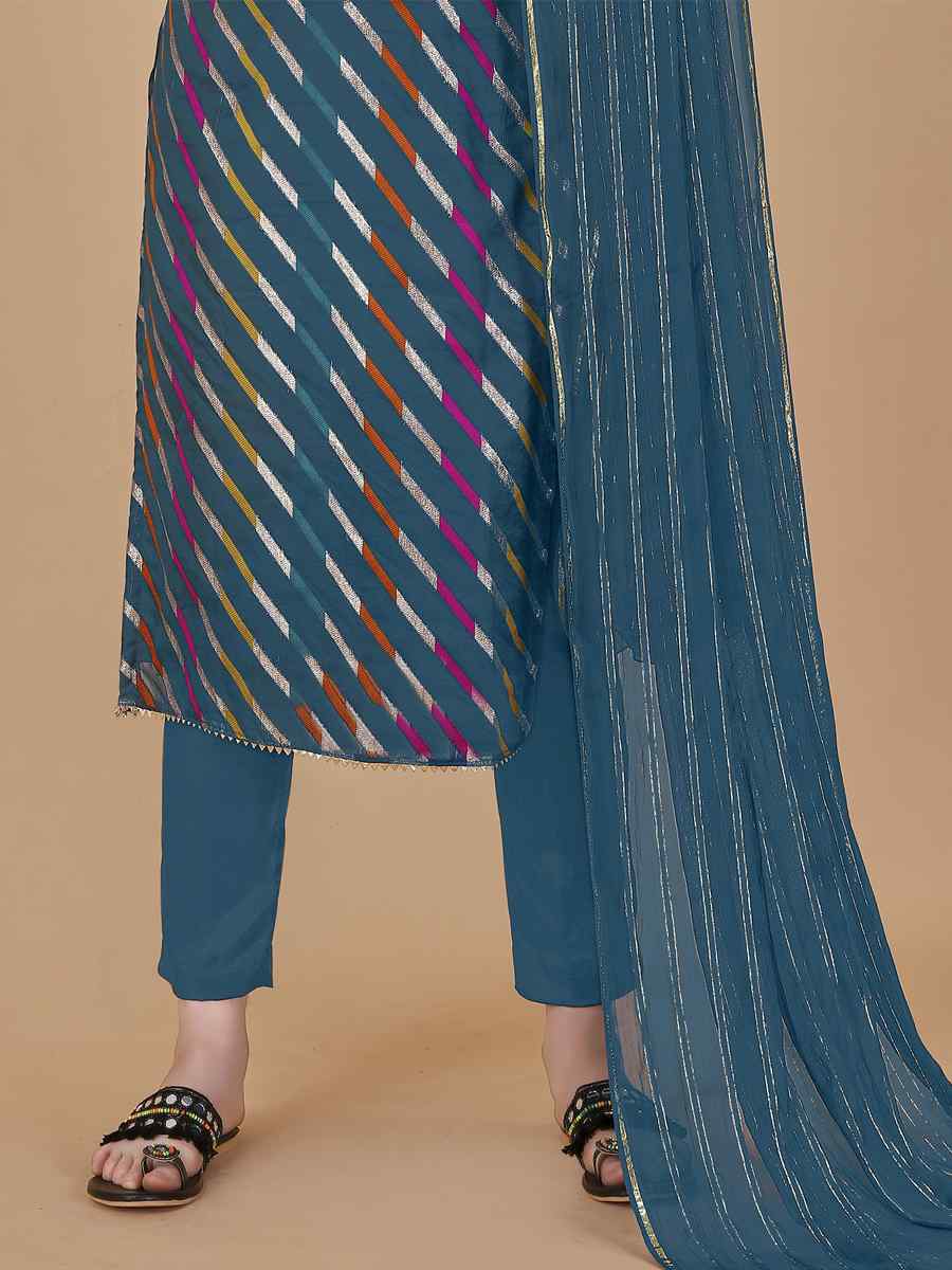 Teal Blue Organza Jacquard Santoon Nazneen Handwoven Casual Festival Pant Salwar Kameez