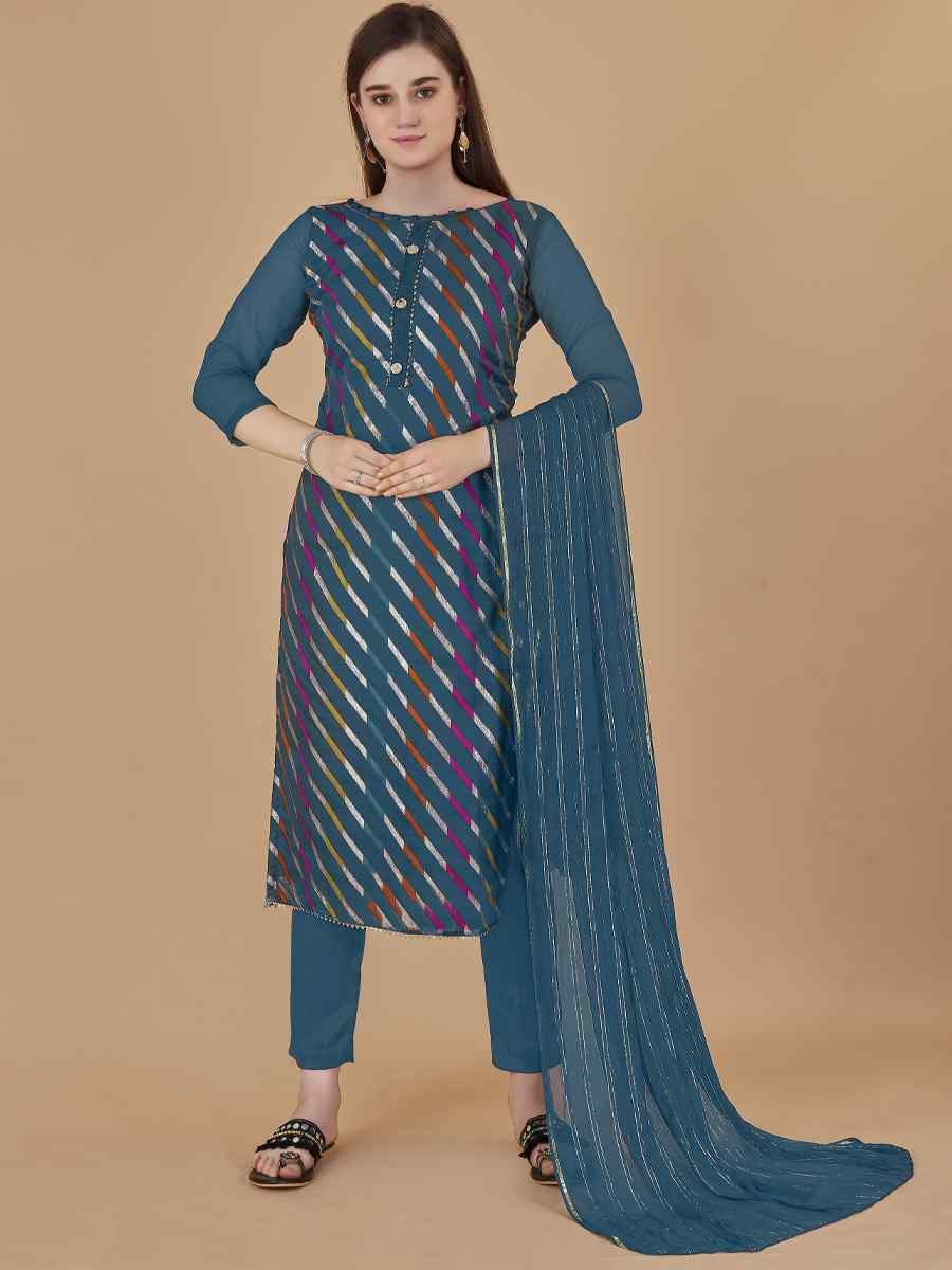 Teal Blue Organza Jacquard Santoon Nazneen Handwoven Casual Festival Pant Salwar Kameez