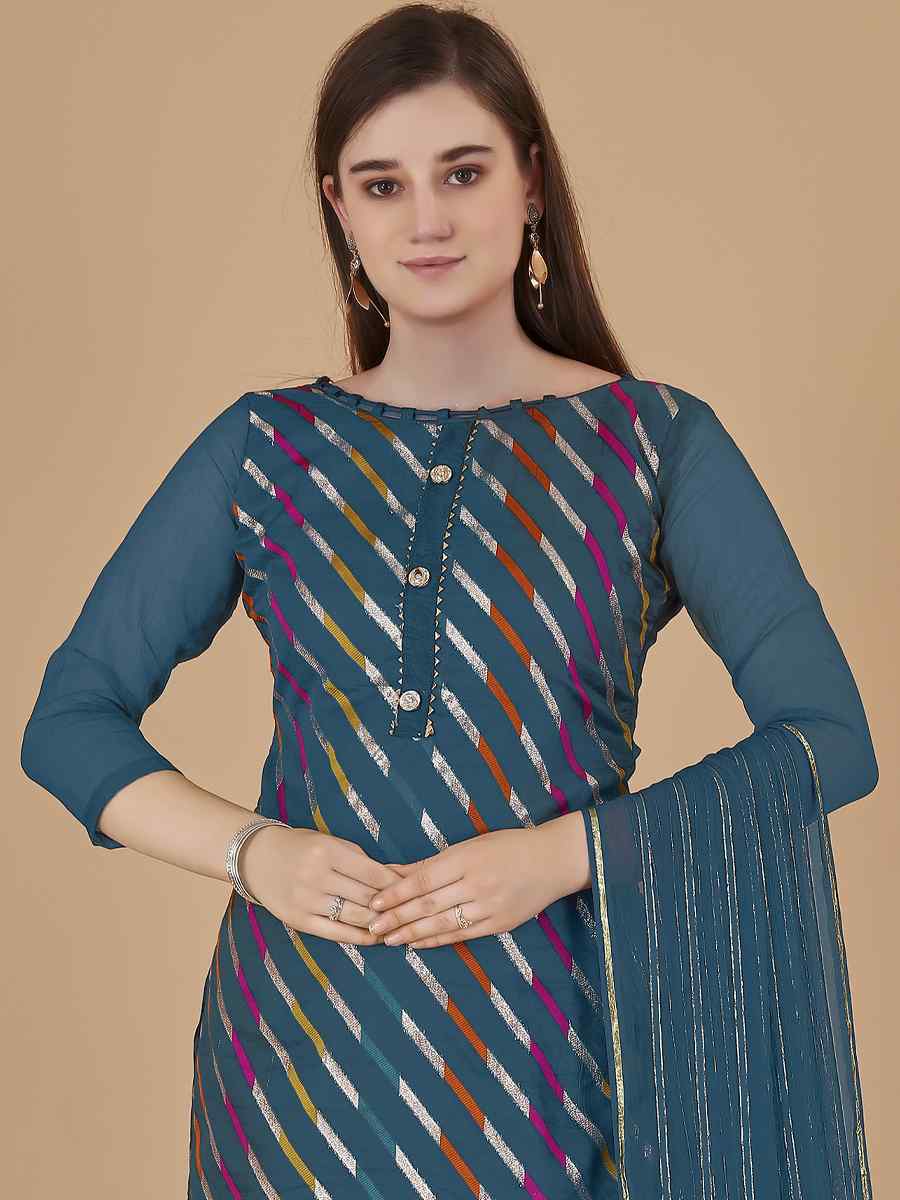 Teal Blue Organza Jacquard Santoon Nazneen Handwoven Casual Festival Pant Salwar Kameez