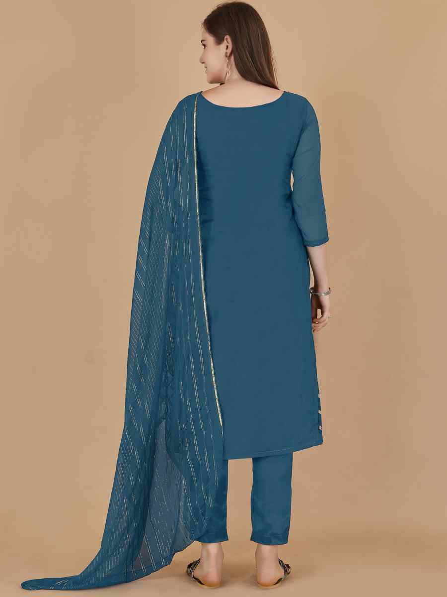 Teal Blue Organza Jacquard Santoon Nazneen Handwoven Casual Festival Pant Salwar Kameez