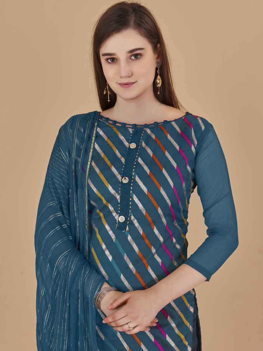Teal Blue Organza Jacquard Santoon Nazneen Handwoven Casual Festival Pant Salwar Kameez