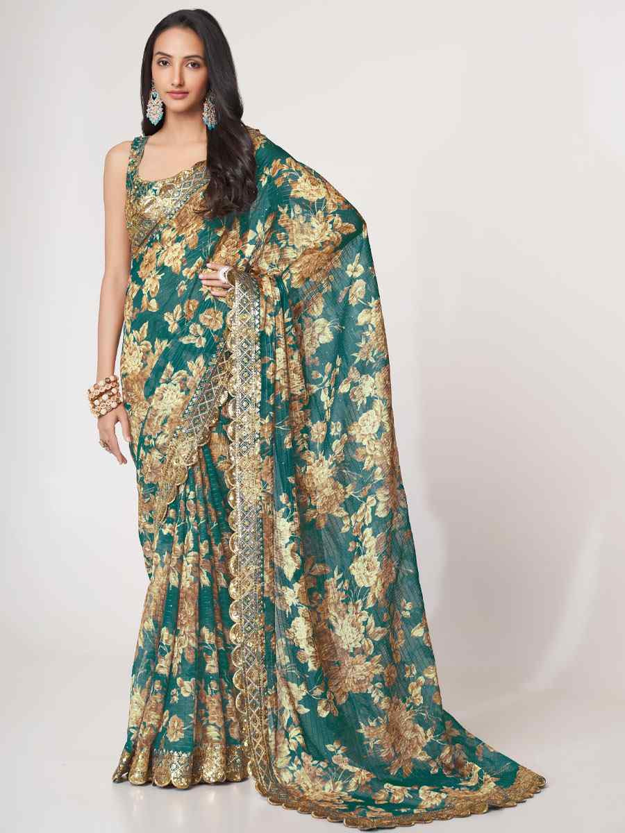 Teal Blue Organza Printed Embroidery Festival Wedding Fancy Heavy Border Saree