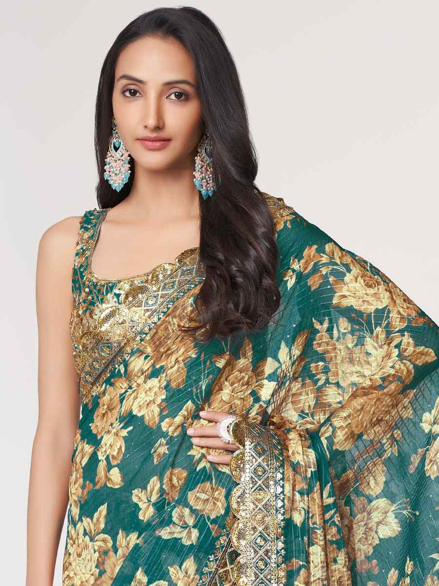 Teal Blue Organza Printed Embroidery Festival Wedding Fancy Heavy Border Saree