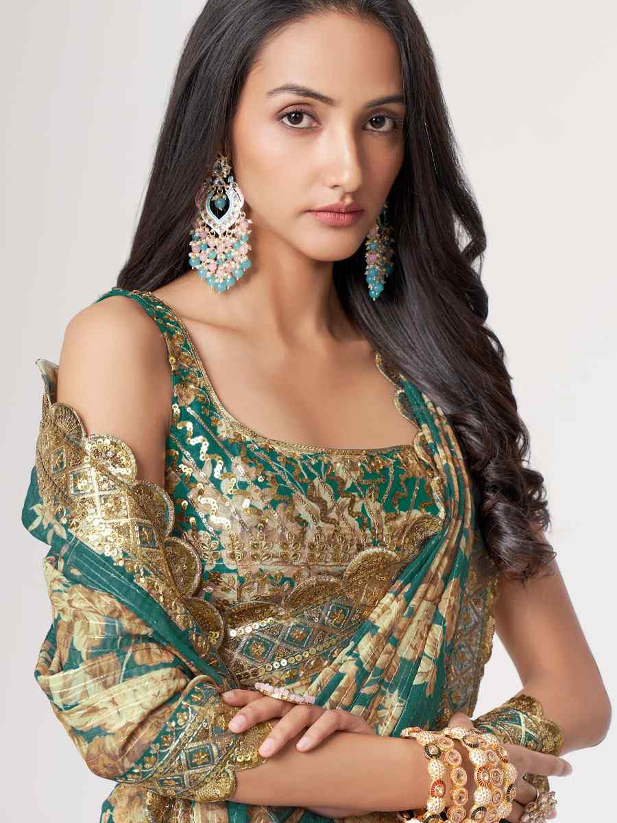 Teal Blue Organza Printed Embroidery Festival Wedding Fancy Heavy Border Saree