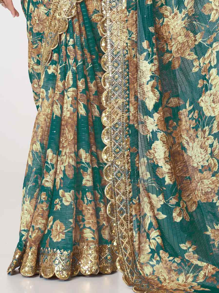 Teal Blue Organza Printed Embroidery Festival Wedding Fancy Heavy Border Saree
